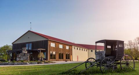 photo of Holland Marsh Winery building in the background with an old horse drawn carriage on the well kept grass on a sunny day