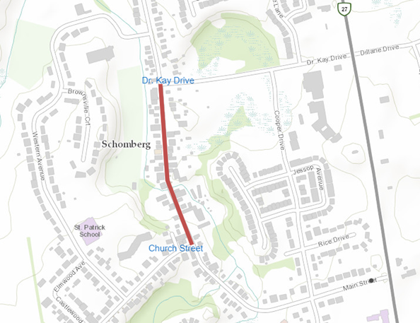 Map of closure area of Main Street, Schomberg between Dr. Kay Drive and Church Street