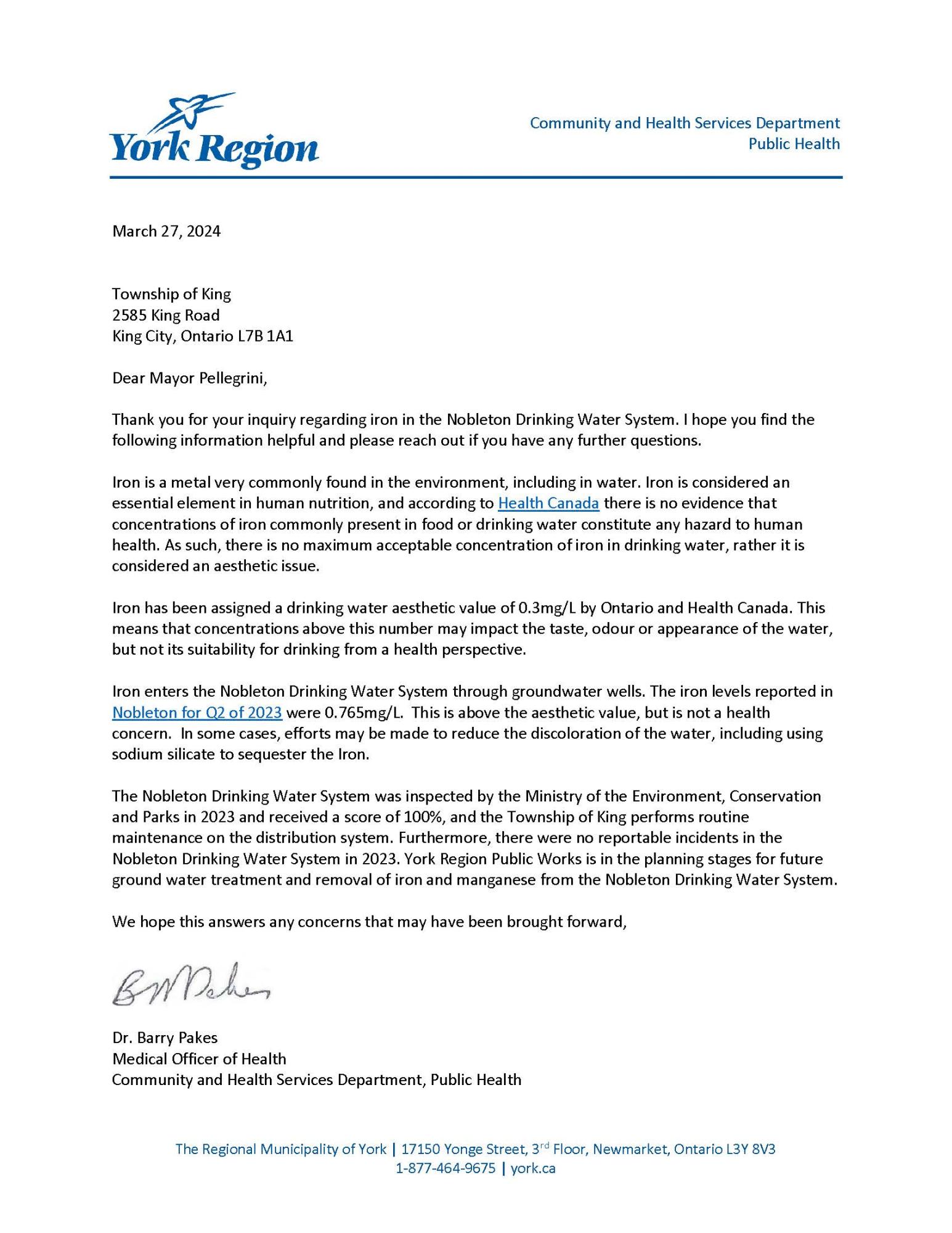 Letter from York Region