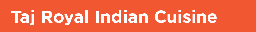 Taj Royal Indian Cuisine written in white text on an orange background