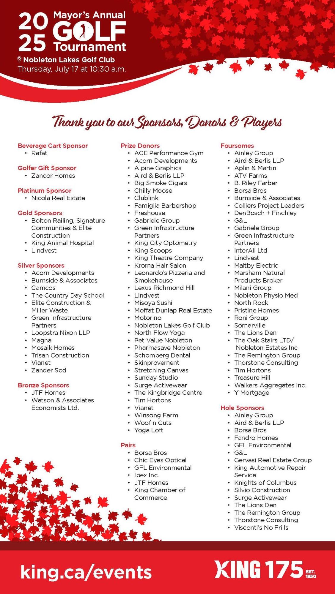 Thank you to our Sponsors, Donors & Players! 