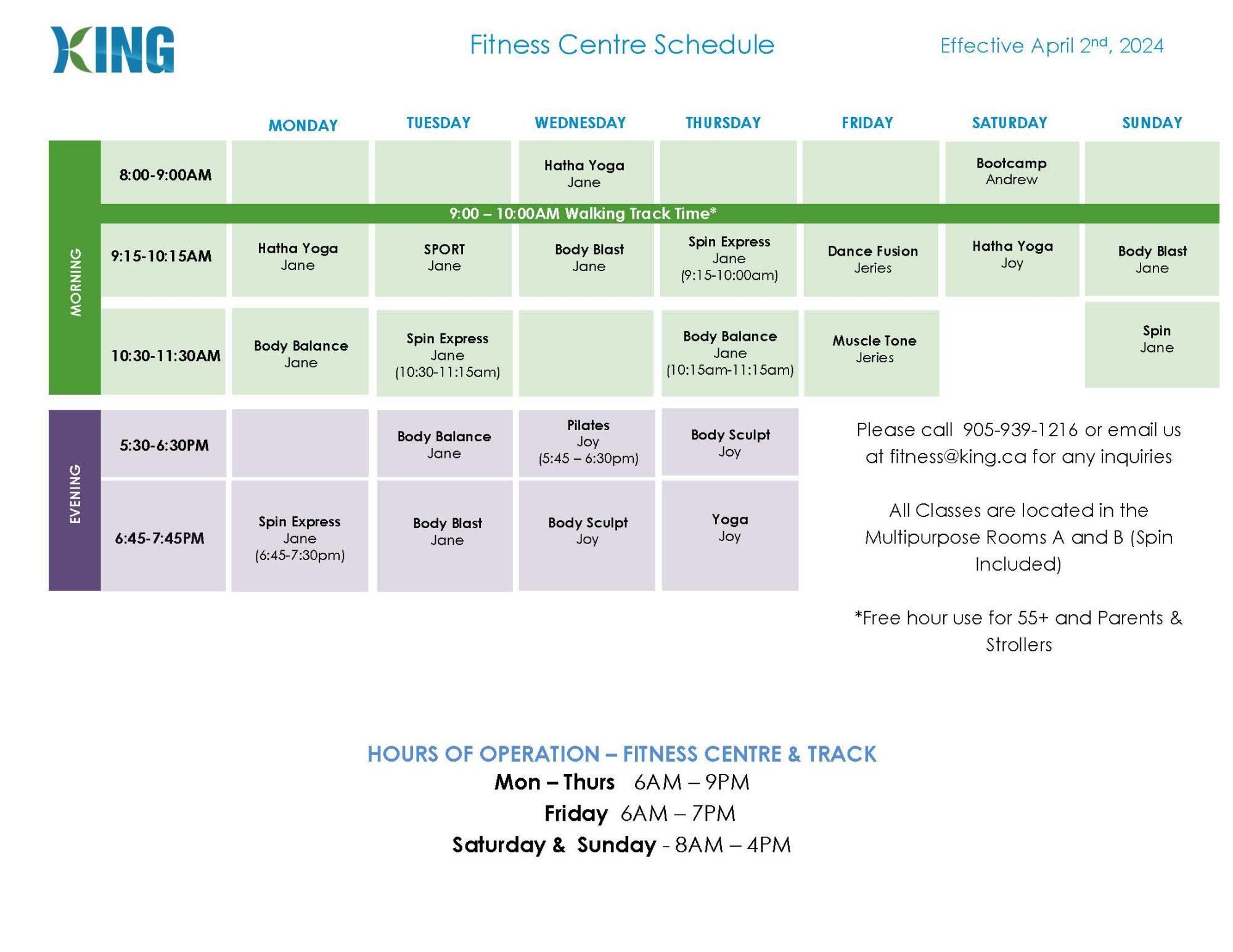 Group Exercise Schedule - Effective April 2024