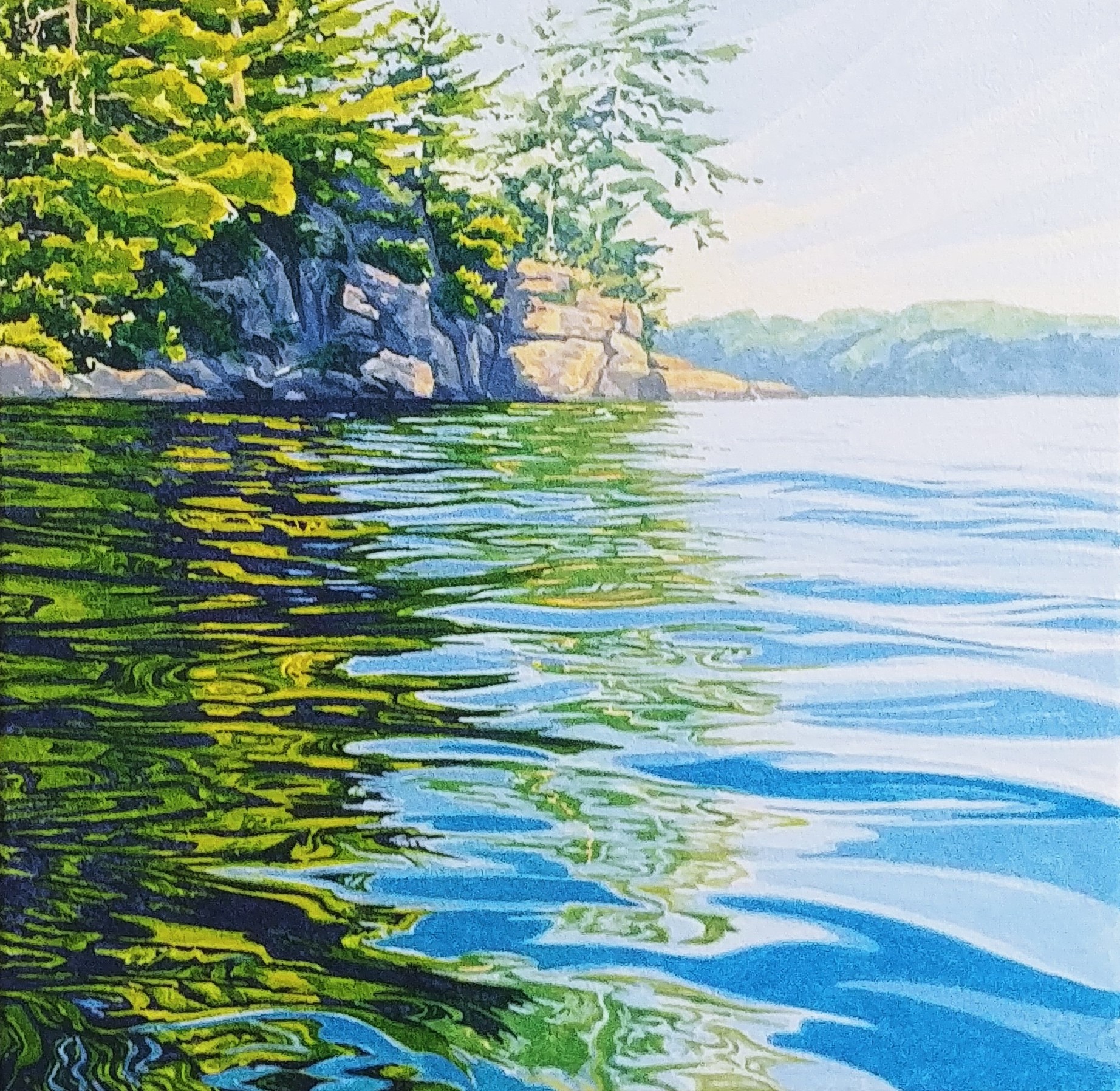 painting of water with trees and rocks in the background