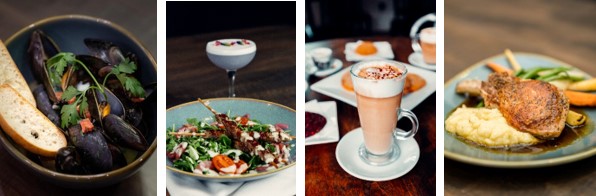 Four images of food from left to right: mussels, salad with meat skewers and specialty cocktail, specialty coffee and baked goods, and dinner plate with meat potatoes and seasonal veggies