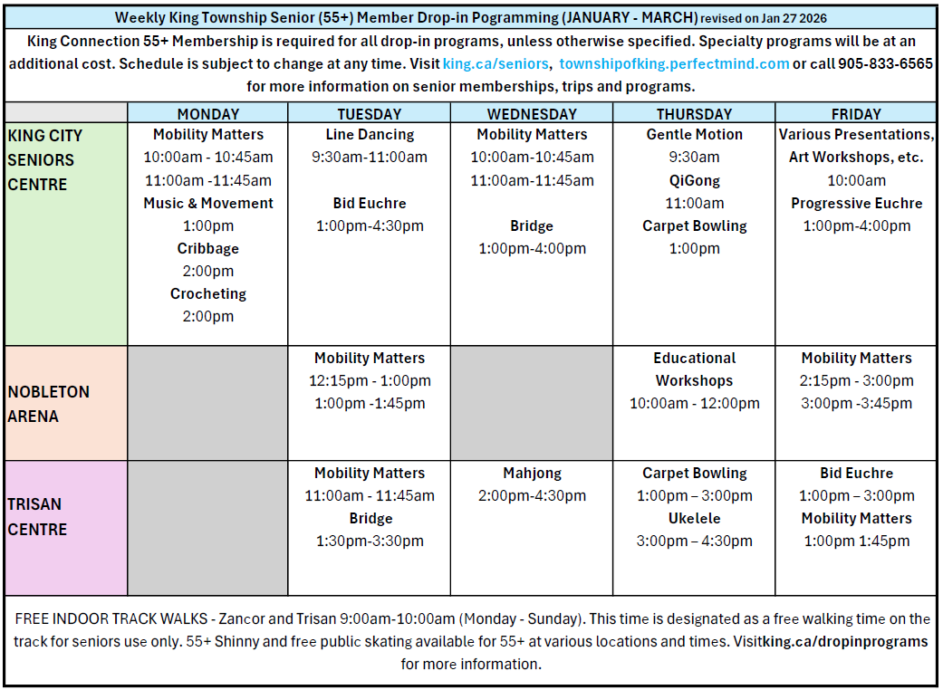 King Seniors Drop In Programming - Jan to March 2026
