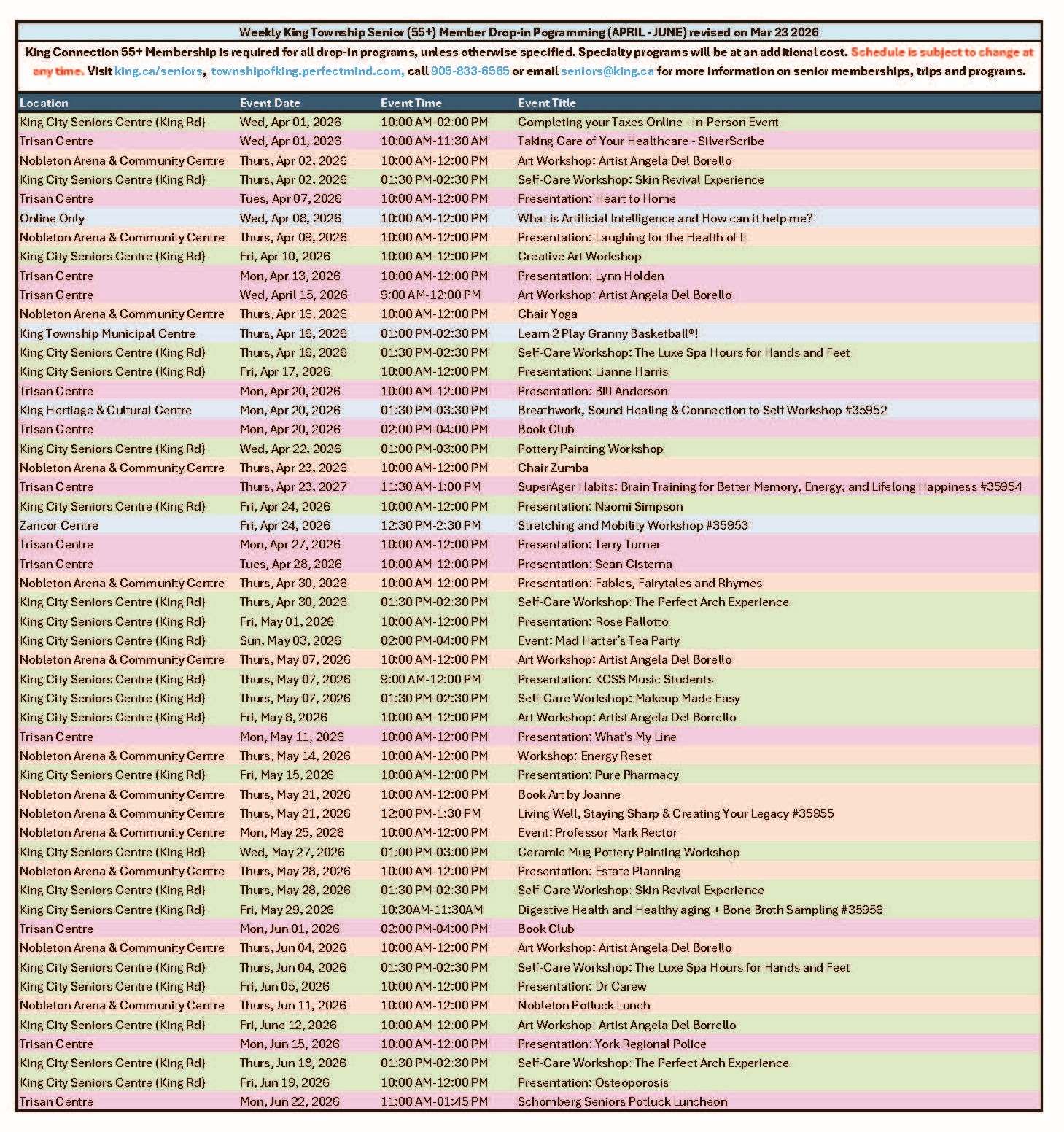 Senior (55+) Member Drop-in Schedule