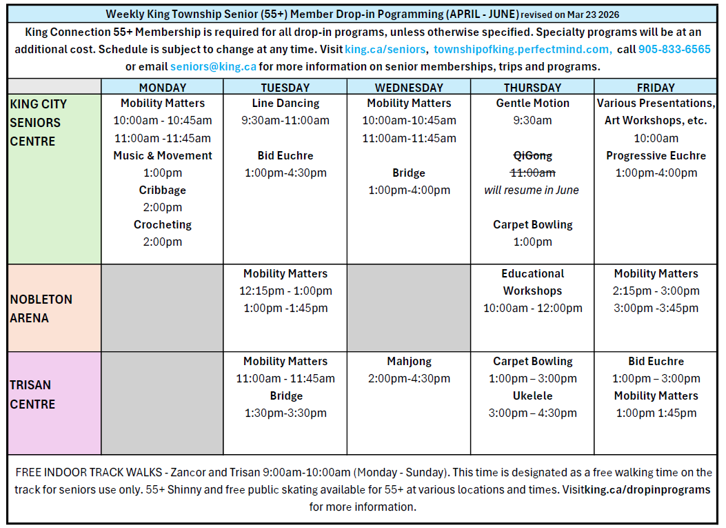 Senior (55+) Member Drop-in Schedule