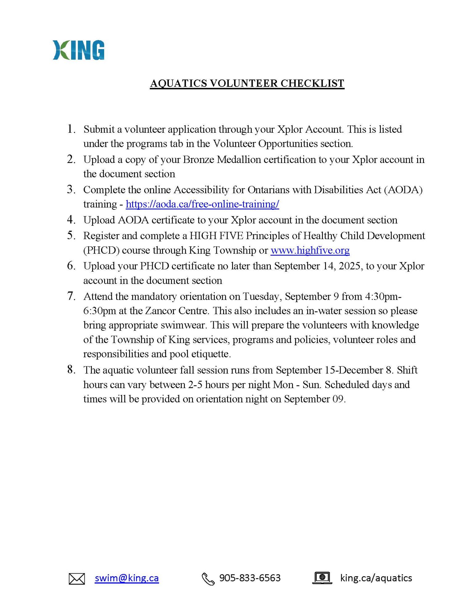 Checklist for Volunteer Aquatics Program Requirements