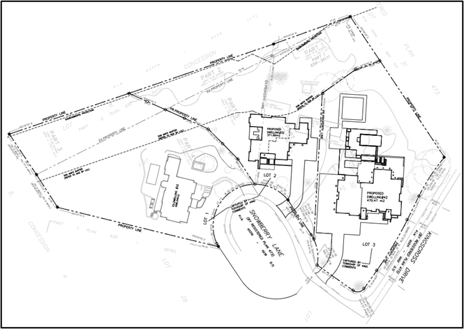 A site plan showing the three proposed lots with building footprints at the end of a culdesac.