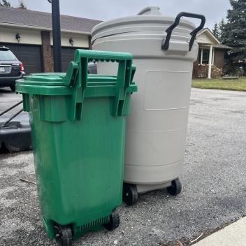 Green bin and garbage bin by the curb