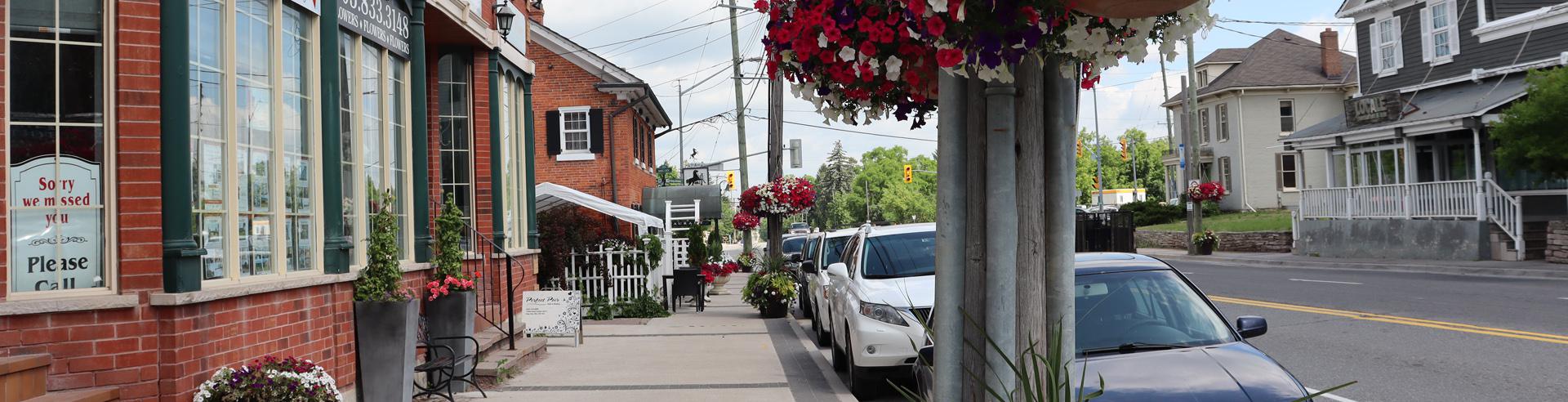 Keele and King hanging baskets in front of business