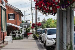 Keele and King hanging baskets in front of business