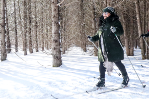 four people cross country skiing along trails at the cold creek conservation centre