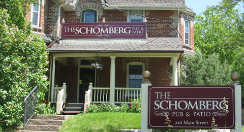 Schomberg Pub Sign and front of building with steps
